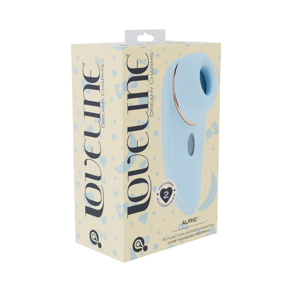 LoveLine Aurie AirTapTech Rechargeable Vibrator Blue Shots LoveLine Aurie blue AirTapTech vibrator retail box