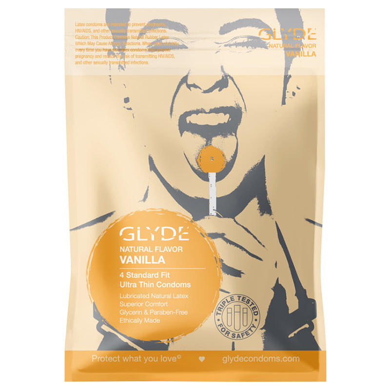 Glyde Ultra Natural Flavor 4pk Vanilla Condoms cream Glyde Ultra Vanilla four-pack condom pouch with orange flavor marker