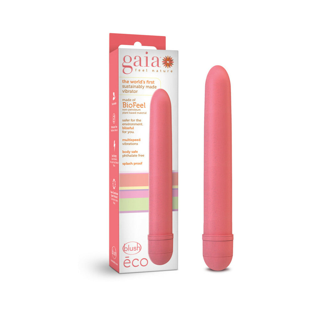 Gaia Eco Slimline Vibrator Coral Gaia Eco Slimline Coral Vibrator beside white coral BioFeel retail carton