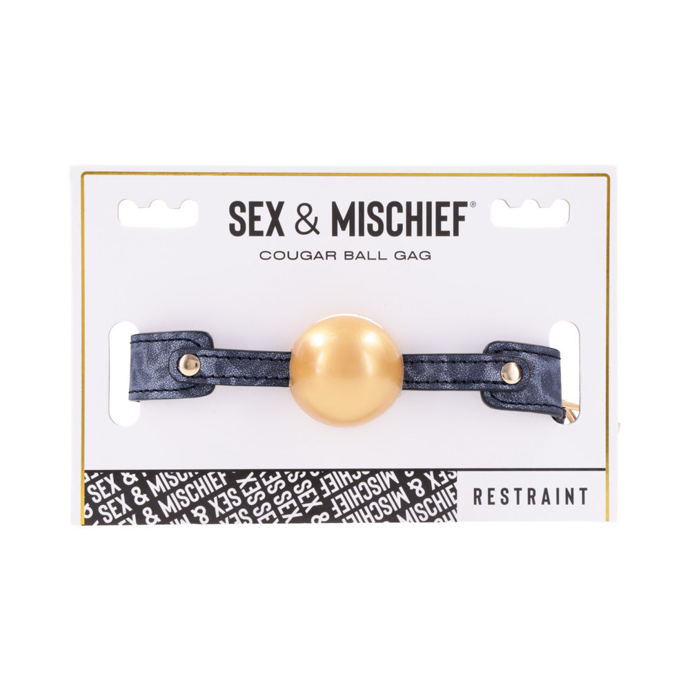 Sportsheets Sex & Mischief Cougar Ball Gag Sportsheets Cougar blue strap ball gag gold ball and studded strap on white retail card
