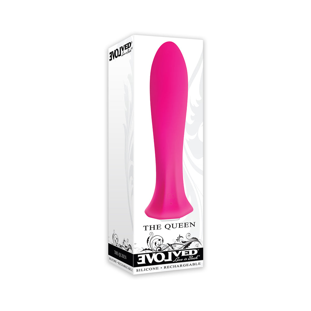 Evolved The Queen Rechargeable Silicone Mini Vibrator Pink Evolved The Queen hot pink vibrator inside tall white retail box with flared base visible