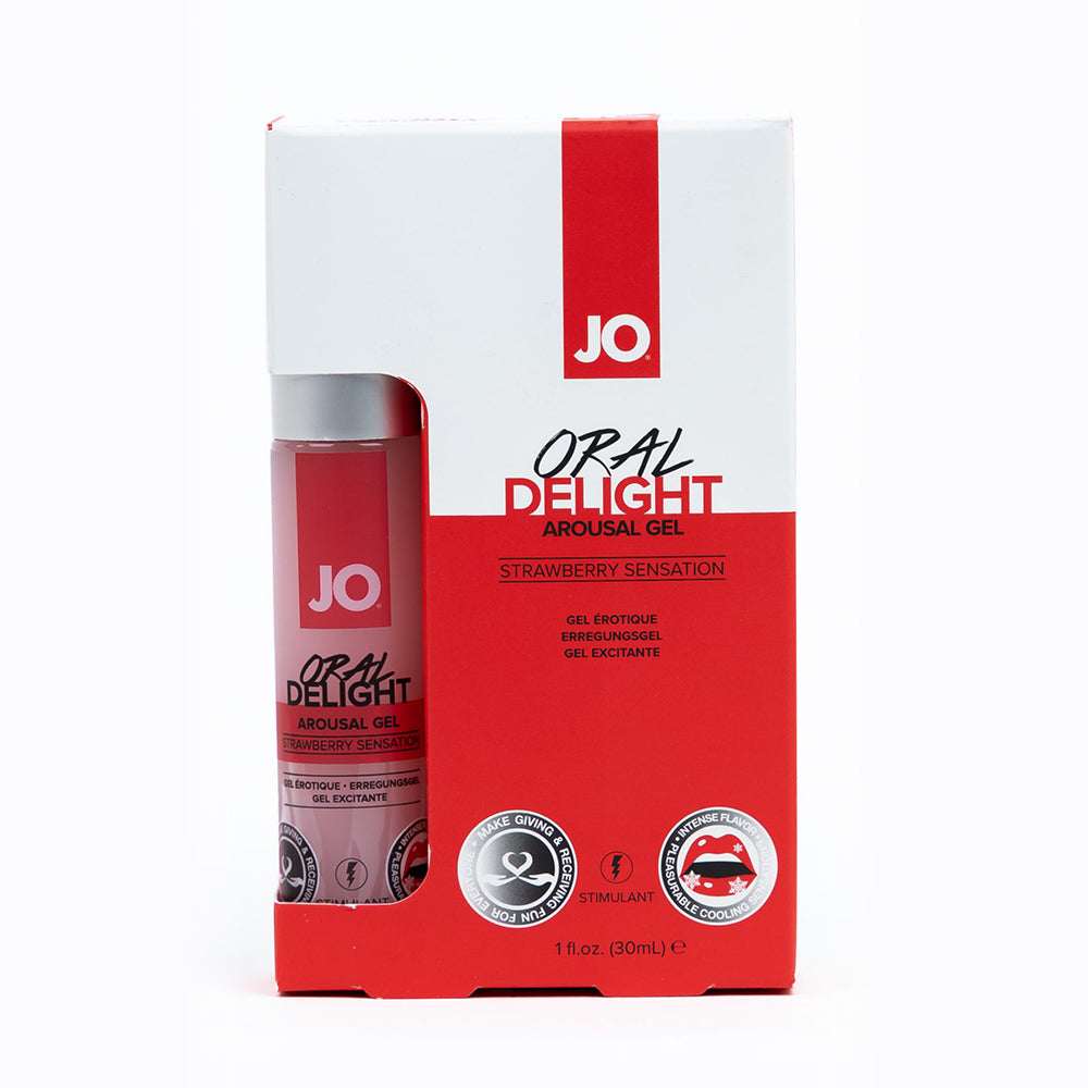JO Oral Delight Arousal Gel Strawberry Sensation 1 oz. System JO Oral Delight Strawberry Gel red bottle inside red and white windowed carton