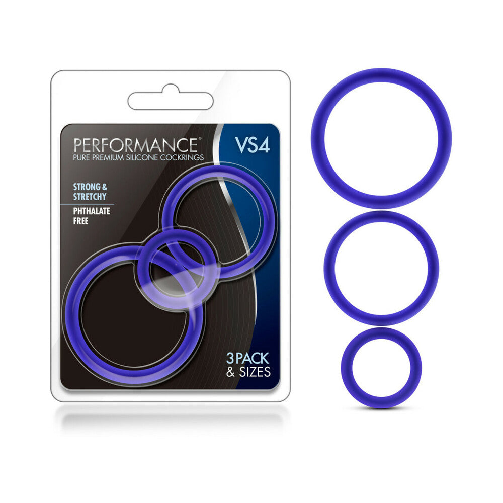 Performance VS4 Pure Premium Silicone Cockrings 3-Pack Set Indigo Blush Performance VS4 Indigo Rings beside blister pack