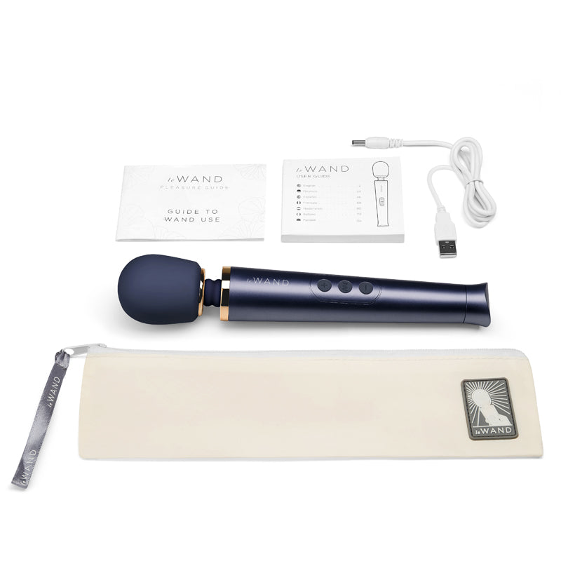 Le Wand Petite Rechargeable Vibrating Massager Navy Le Wand Petite navy rechargeable massager rounded head wand with storage pouch and charging cable