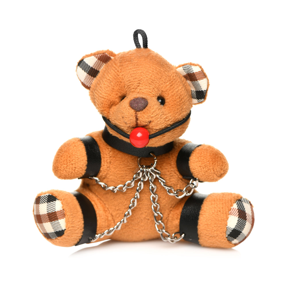 Master Series Gagged Teddy Bear Keychain orange teddy bear keychain with red ball gag and silver chain harness