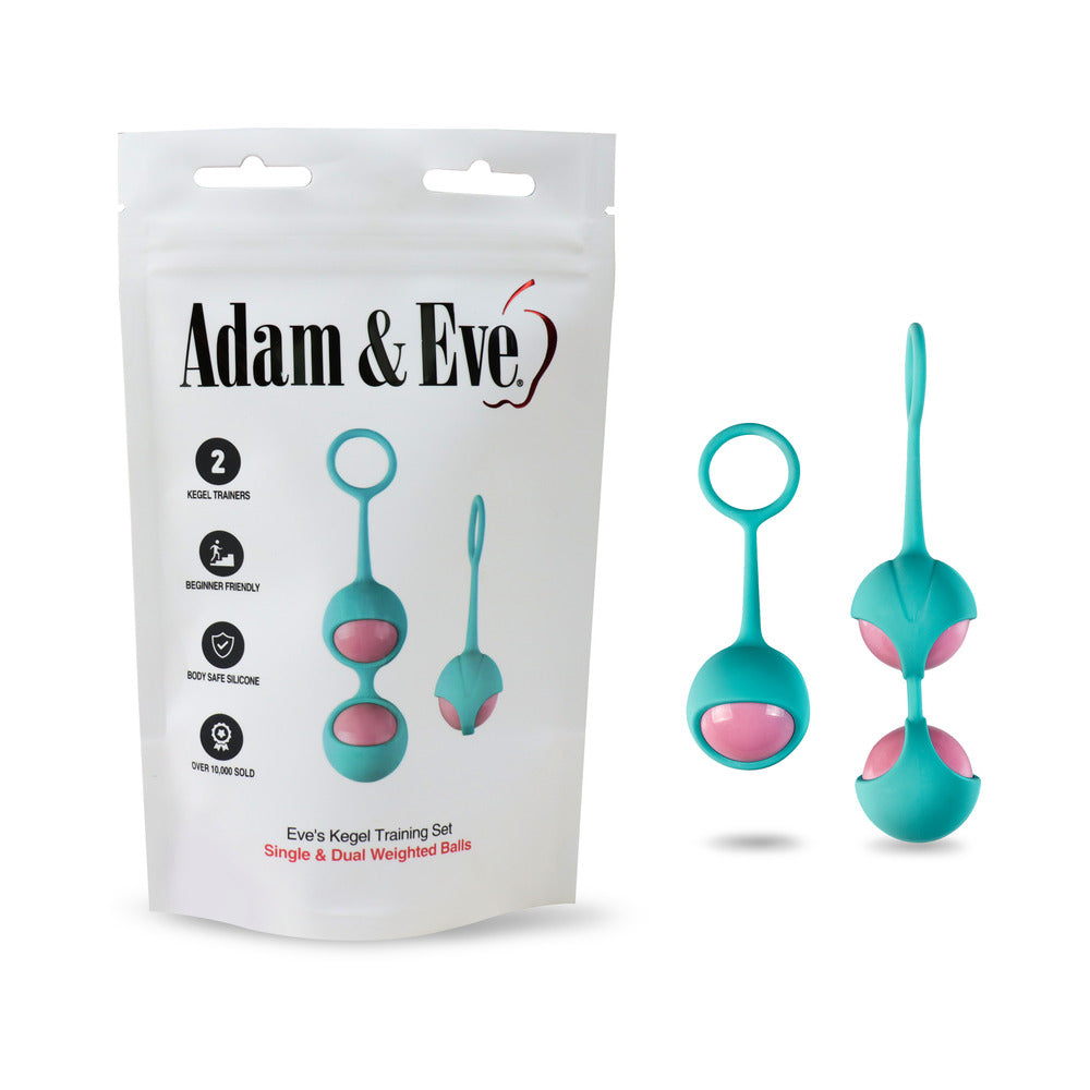 Adam & Eve Eve''s Kegel Training Set (Bag Packaging) Adam & Eve teal and pink Kegel Training Set two trainers pictured beside white bag packaging