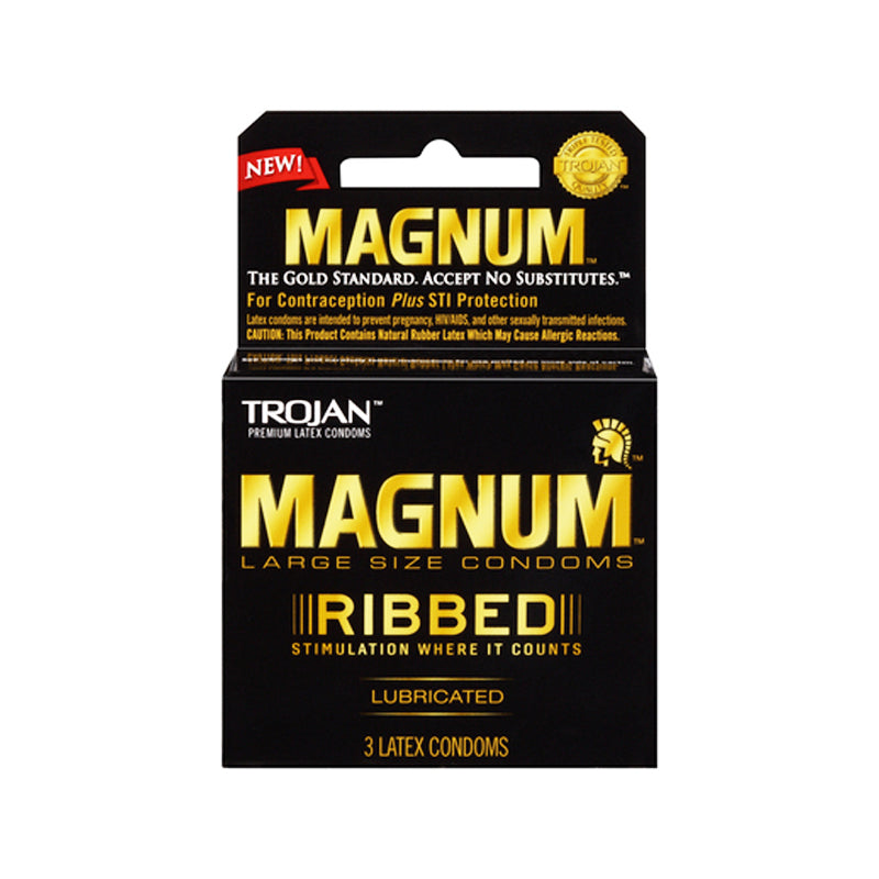 Trojan Magnum Ribbed 3pk Trojan Magnum Ribbed Condoms black and gold three-count retail box front