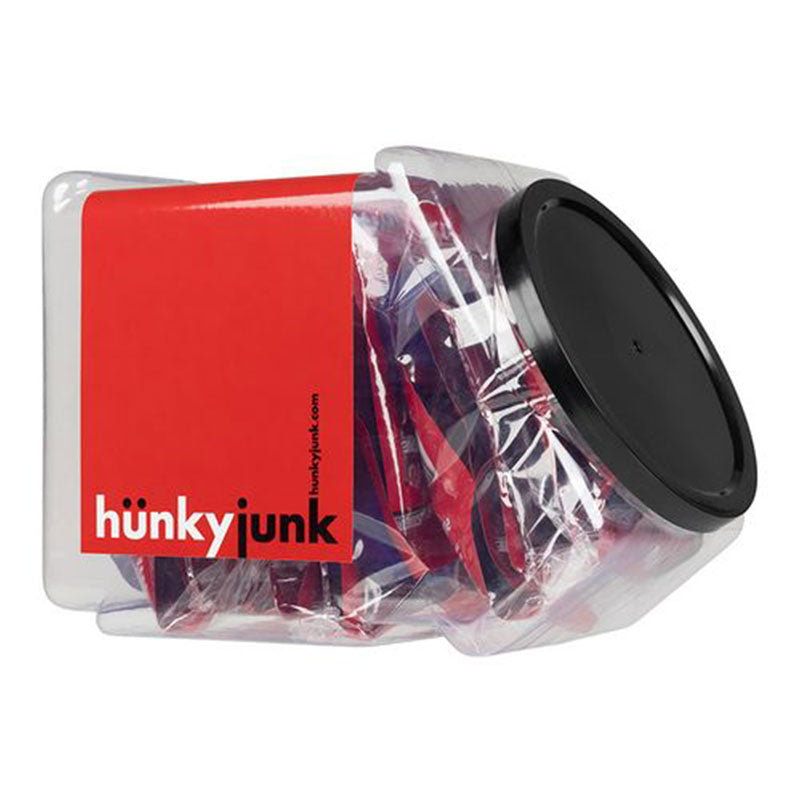 Hunkyjunk HUJTUB c-ring, tub, multi Oxballs Hunkyjunk HUJTUB clear tub of multicolor rings with black lid