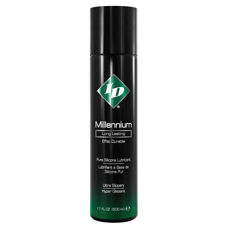 ID Millennium 17 fl oz. Pump Silicone Lubricant ID Millennium seventeen-ounce silicone lubricant in tall black pump bottle