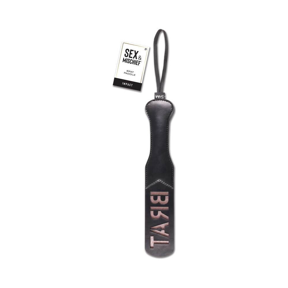 Sportsheets Sex & Mischief Brat Paddle Sportsheets Sex and Mischief Brat black paddle front view with BRAT lettering and wrist loop