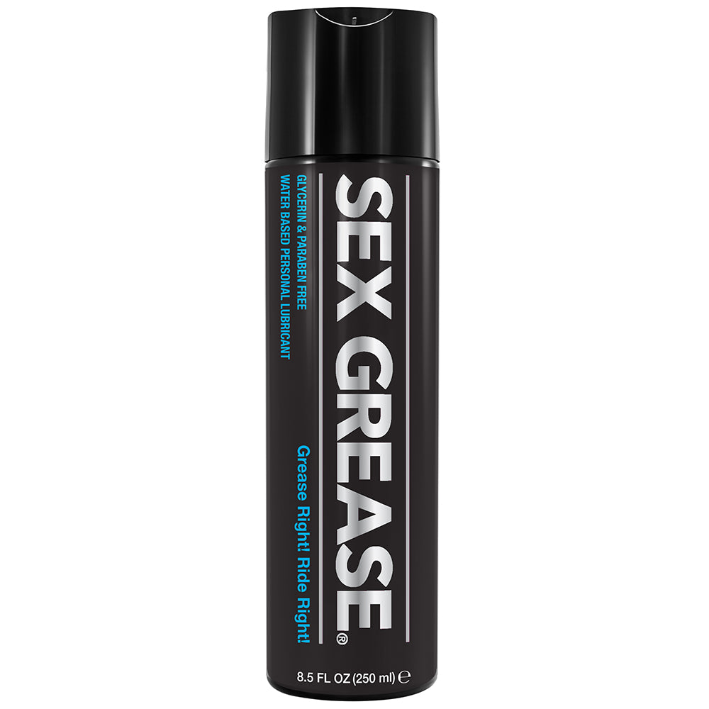 Sex Grease Water Based Lubricant 8.5 oz. Bottle SexGrease clear 8.5 oz water-based lubricant large black pump bottle with blue label