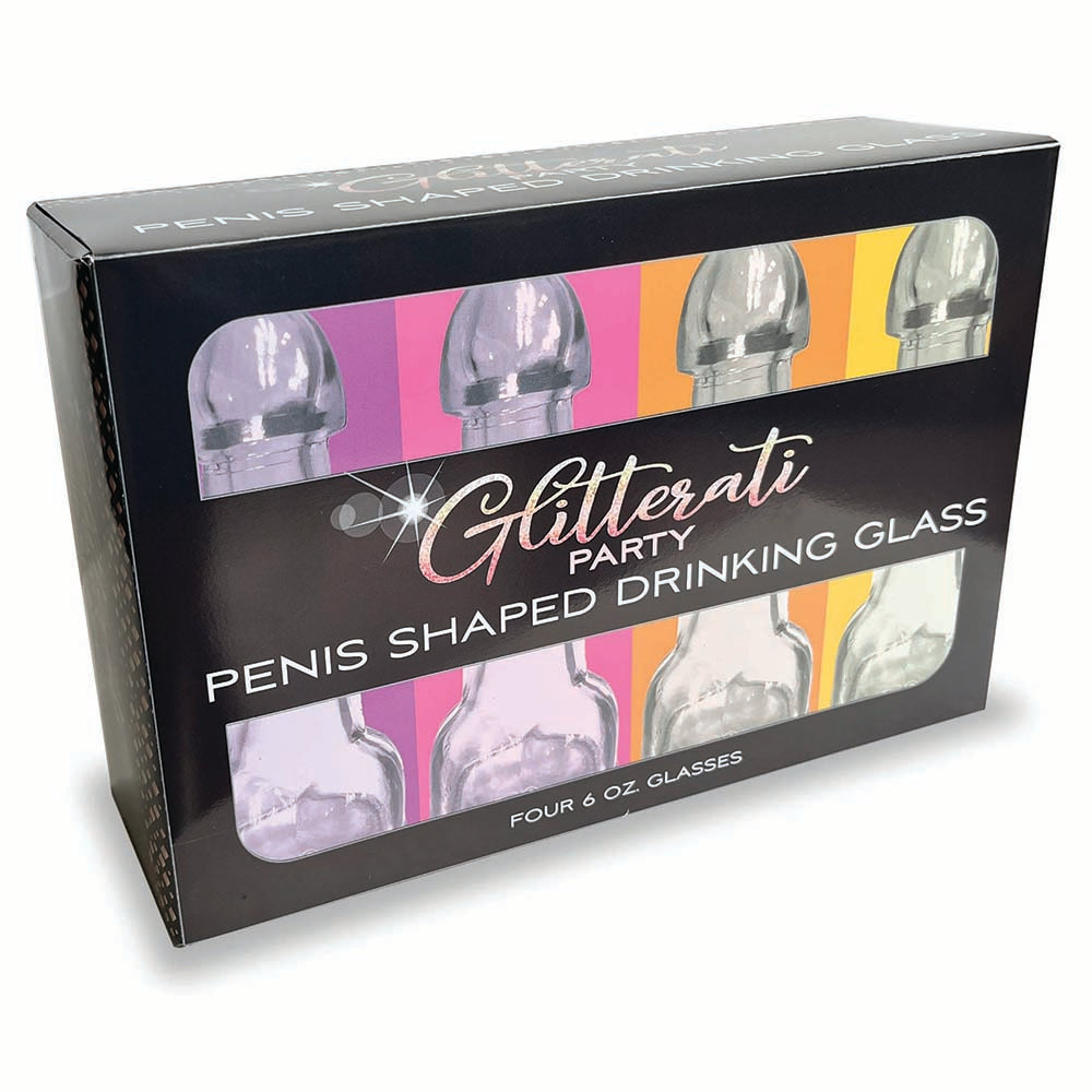 Glitterati Party 6 oz. Penis Shaped Drinking Glass 4-Pack Four Glitterati penis-shaped glasses in black window box