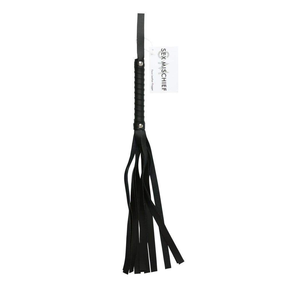 Sportsheets Sex & Mischief Faux Leather Flogger Black Black Sex and Mischief faux leather flogger with textured handle