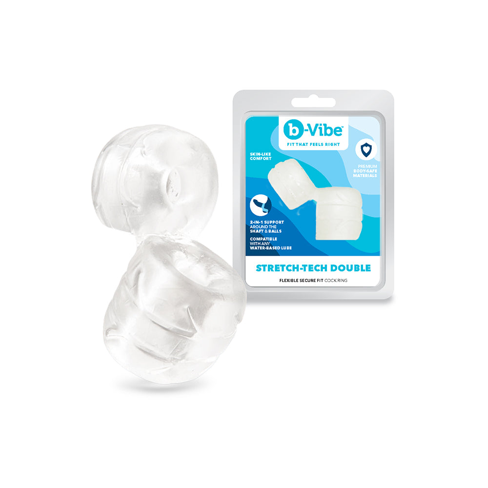 b-Vibe Strech-Tech Double Barrel Ultra Stretchy C-Ring & Ball Stretcher b-Vibe Stretch-Tech Double Barrel clear ring with retail package