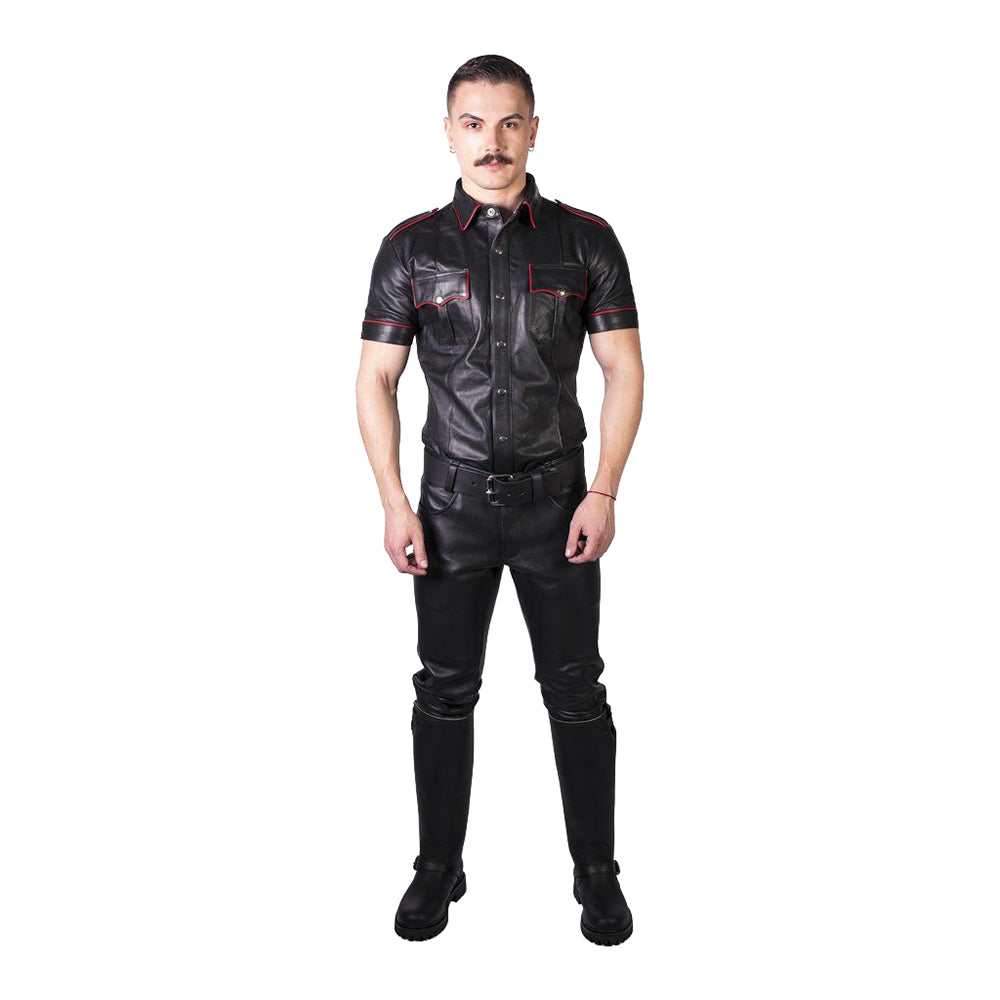 Prowler RED Leather Jeans Black 32 in. Full Front view of black Prowler RED Leather Jeans in 32-inch waist