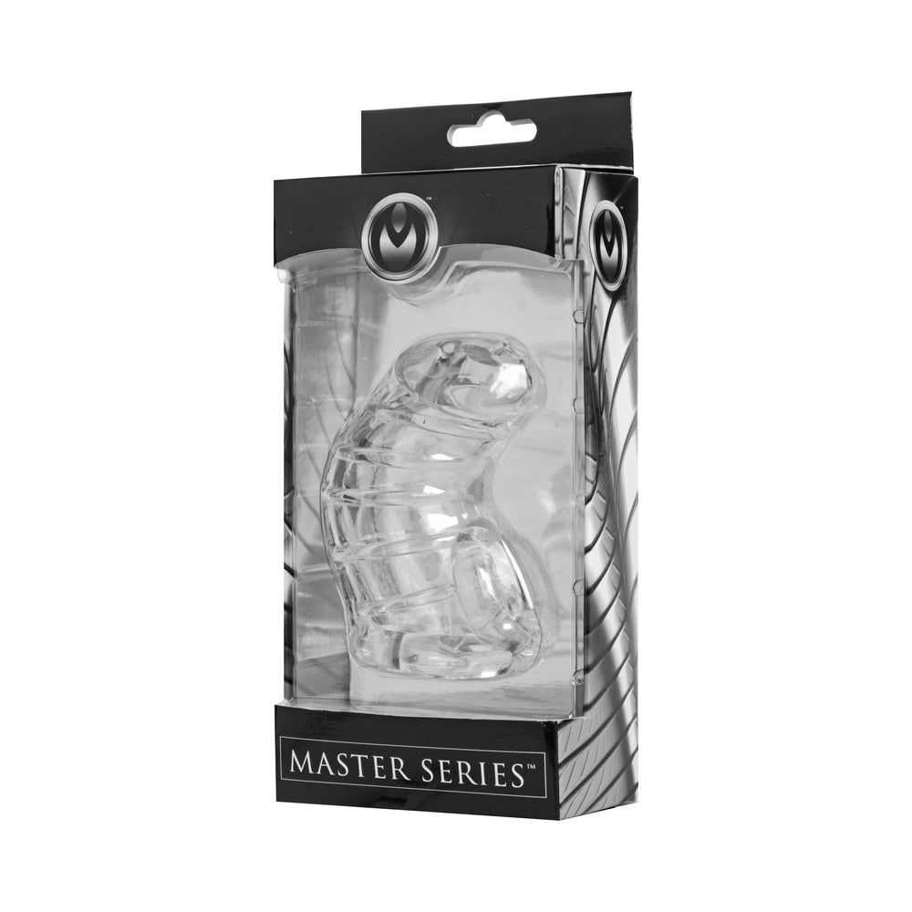 Master Series Detained Soft Body Chastity Cage Clear clear Master Series Detained TPE chastity cage visible through black retail package