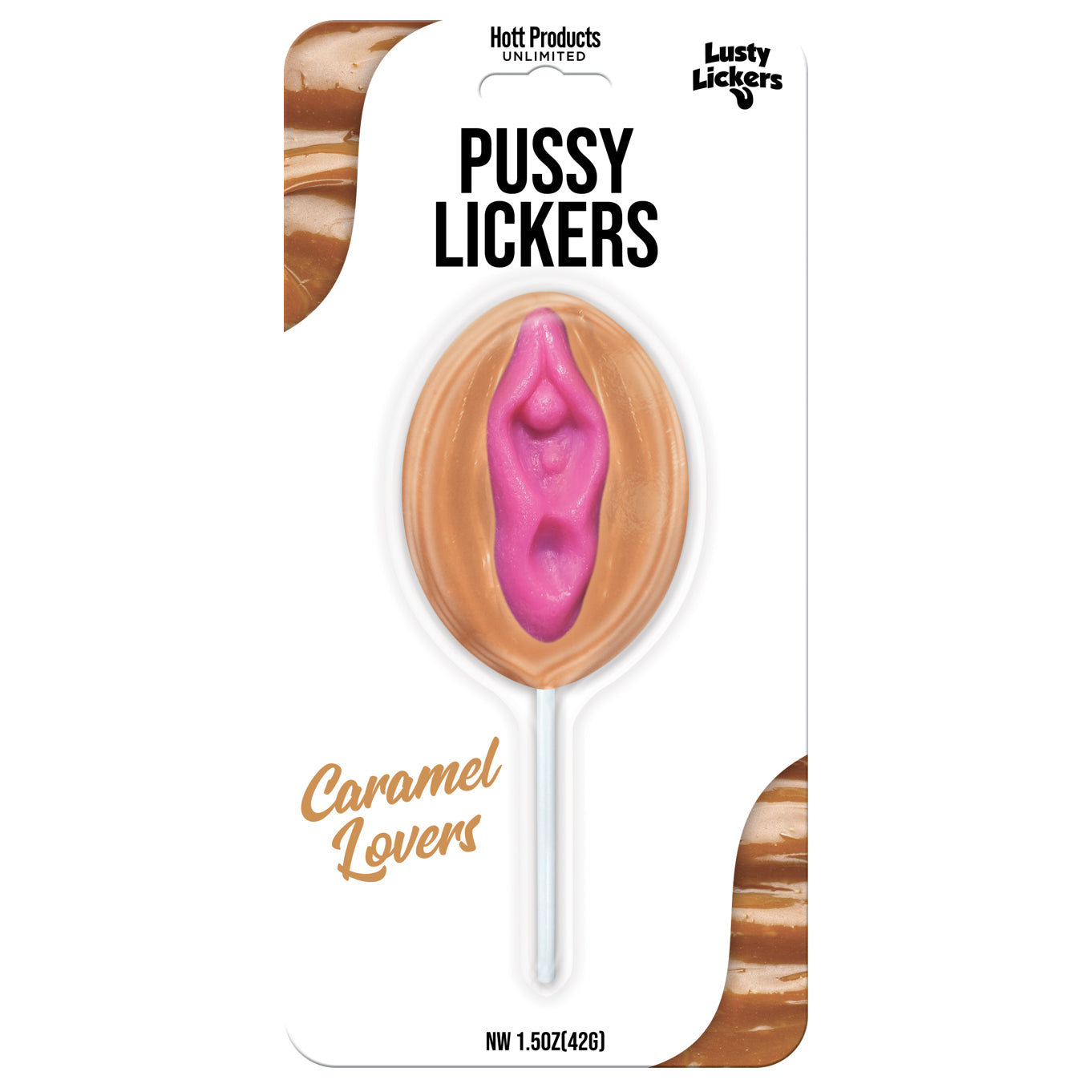 Pussy Pop Caramel Lovers Caramel Lovers pussy-shaped candy pop on white card