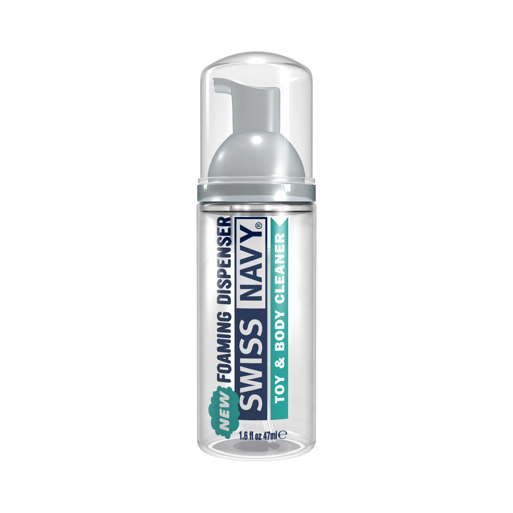 Swiss Navy Toy and Body Cleaner Foaming Dispenser 1.6 oz. Front of clear 1.6 oz Swiss Navy cleaner bottle with foaming pump
