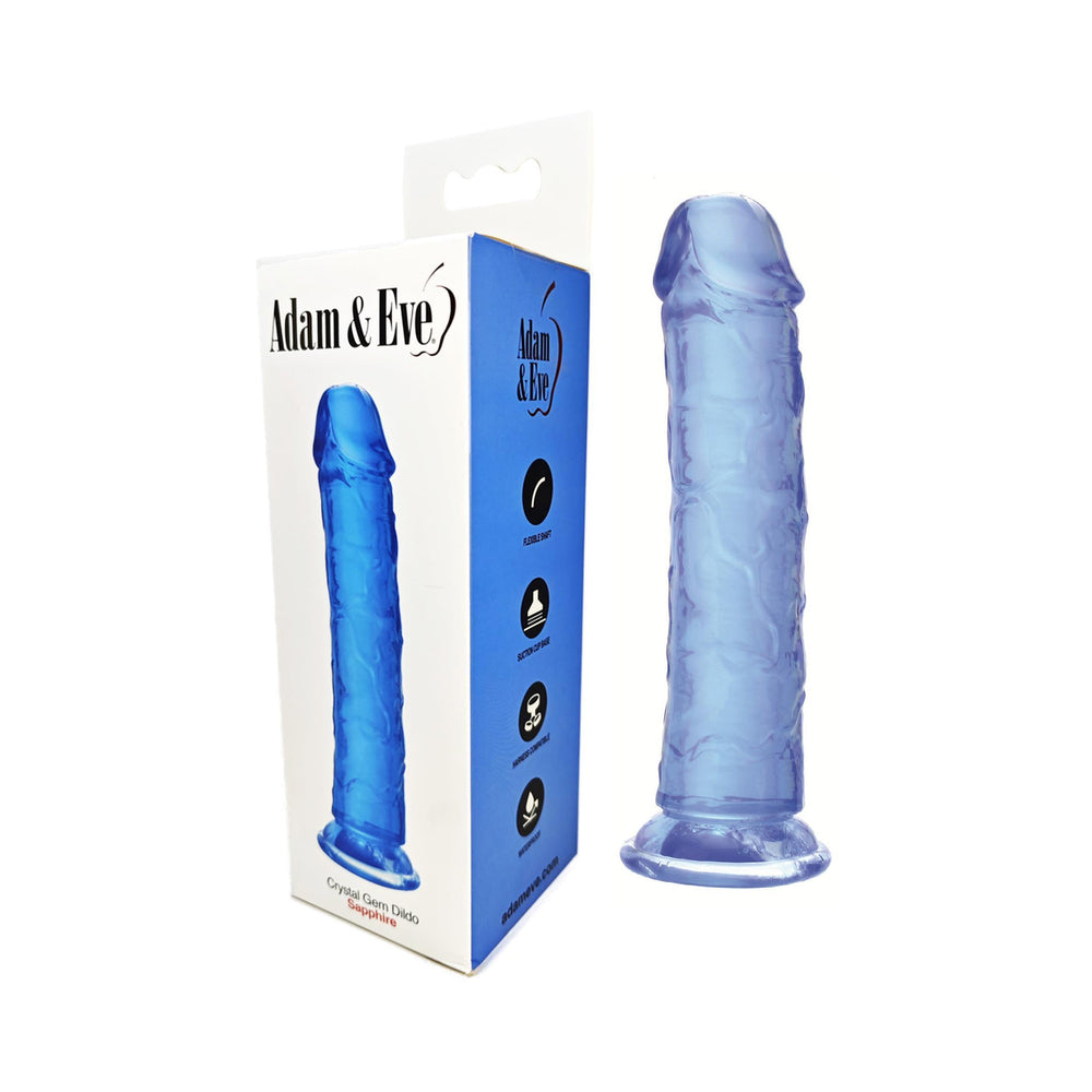 Adam & Eve Crystal Gem Dildo Sapphire Sapphire Crystal Gem translucent blue dildo beside white retail box