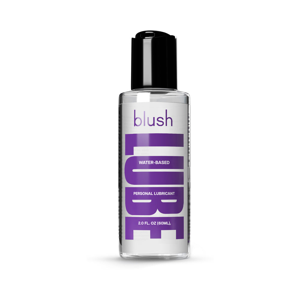 Blush Lube Water-Based 2 oz. Front view of clear 2 oz Blush water-based lubricant bottle