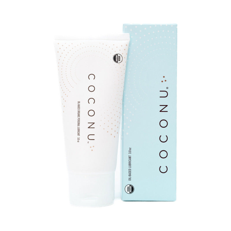 Coconu Oil-Based Organic Personal Lubricant 3 oz. white Coconu oil-based lubricant tube beside a pale blue retail carton