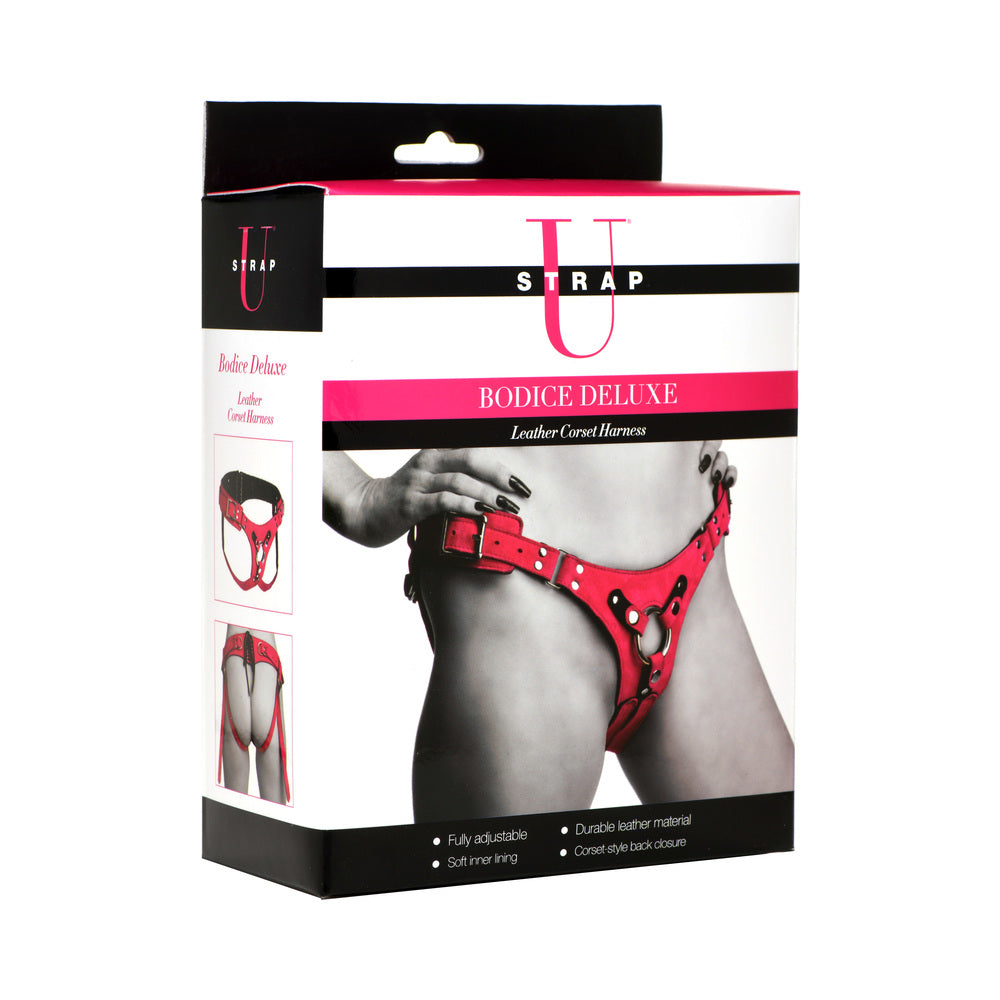 Strap U Bodice Deluxe Leather Corset Harness Pink pink Strap U Bodice Deluxe leather corset harness displayed on retail box