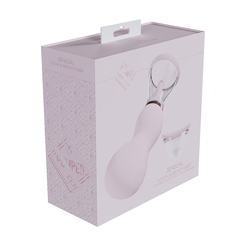 Pumped Sensual Automatic Rechargeable Vulva & Breast Pump Pink pale pink Pumped Sensual automatic pump illustrated on matching retail box