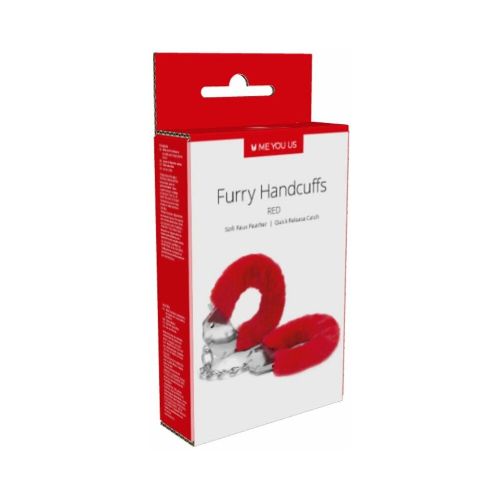 Me You Us Furry Handcuffs Red Red feather-covered Me You Us handcuffs in package