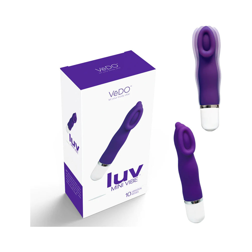 VeDO Luv Mini Vibe Into You Indigo VeDO Luv Into You Indigo Mini Vibrator indigo vibrator beside white purple box