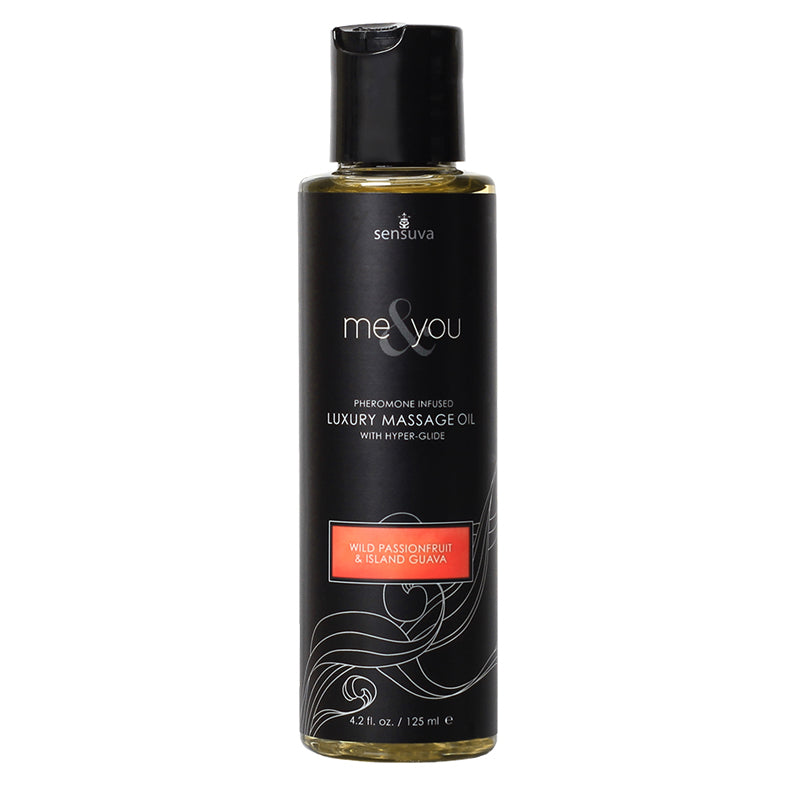 Sensuva Me & You Pheromone-Infused Luxury Massage Oil Passion Fruit Guava 4.2 oz. Sensuva Me and You Passion Fruit Guava Oil black 4.2-ounce bottle with orange label