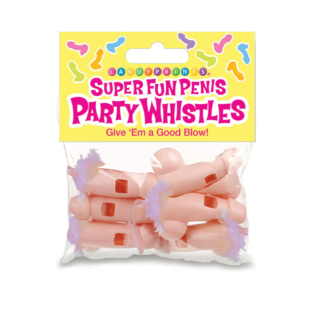 Super Fun Penis Party Whistles 6-Pack Six peach penis-shaped Super Fun Party Whistles with pink lanyards