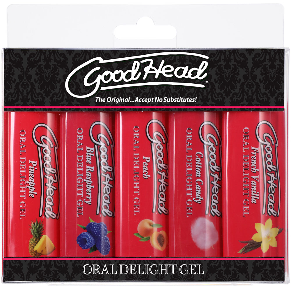 GoodHead Oral Delight Gel 5-Pack 1 oz. GoodHead Oral Delight 5-pack box with five labeled gel bottles