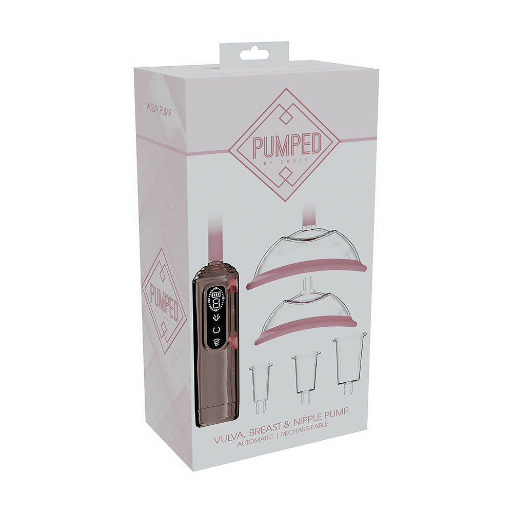 PUMPED Automatic Rechargeable Vulva, Breast & Nipple Pump Rose Gold PUMPED rose-gold rechargeable pump rose and white retail box front view