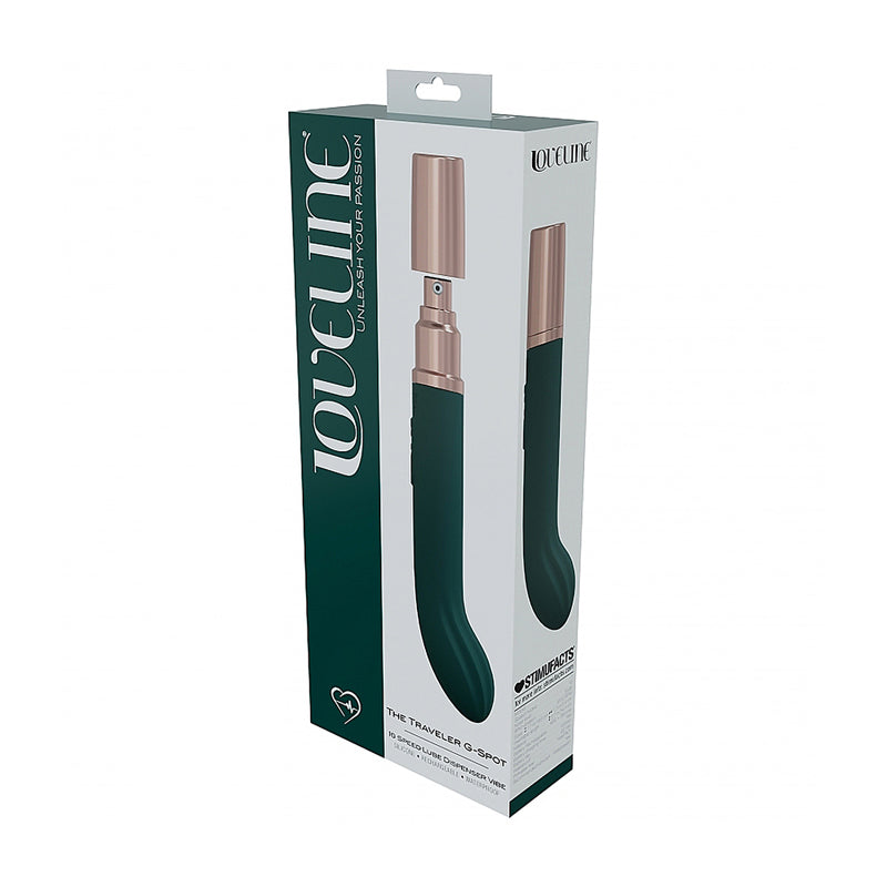 LoveLine Traveler G-Spot Silicone Rechargeable Splashproof Forest Green forest green LoveLine Traveler G-Spot vibrator presented in dark green box
