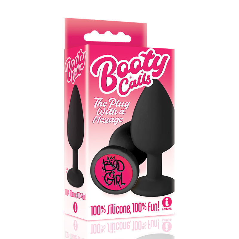 The 9''s Booty Calls Silicone Butt Plug Black Bad Girl Black Booty Calls Bad Girl plug with round handle on pink box