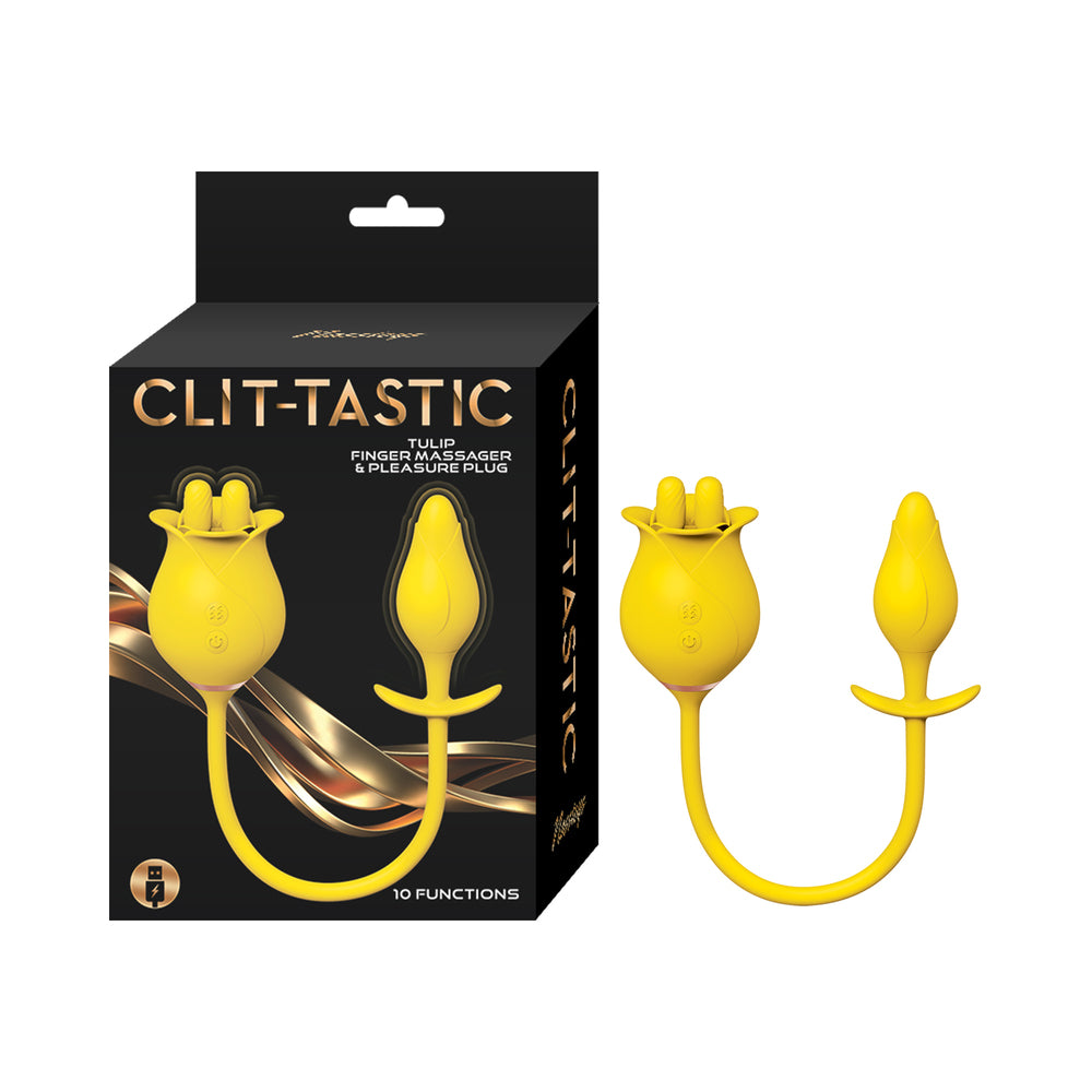 Clit-Tastic Tulip Finger Massager & Pleasure Plug Yellow yellow Clit-Tastic Tulip flower finger massager linked to a tapered plug beside black box