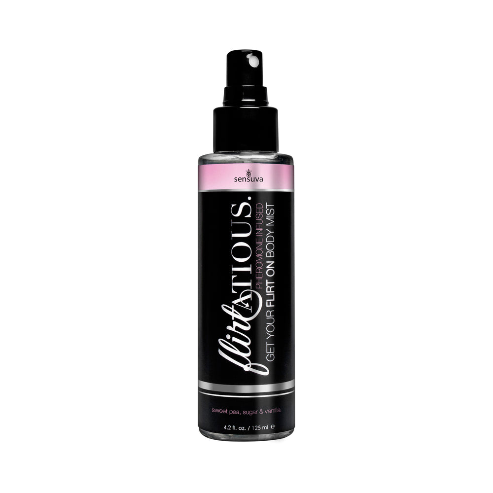 Sensuva Flirtatious Pheromone-Infused Body Mist Sweetpea 4.2 oz. Sensuva Flirtatious Sweetpea Body Mist tall black spray bottle with pink label bands