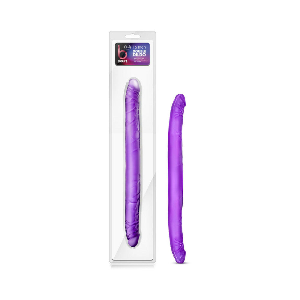 B Yours 16 in. Double Dildo Purple B Yours Purple 16 Inch Double Dildo beside clear hanging retail package
