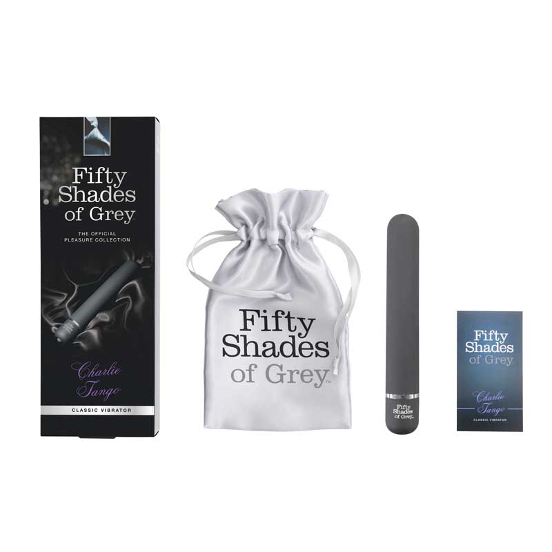Fifty Shades of Grey Charlie Tango Slimline Classic Vibrator Black Fifty Shades Charlie Tango Vibrator black slimline vibrator beside box and silver pouch