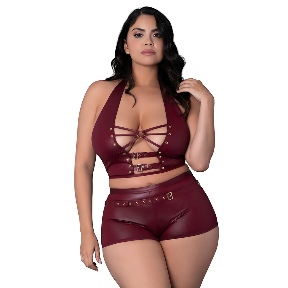 Lust Fetish Thalia Burgundy Queen Size Lust Fetish Thalia queen-size burgundy cutout halter top and short set front view