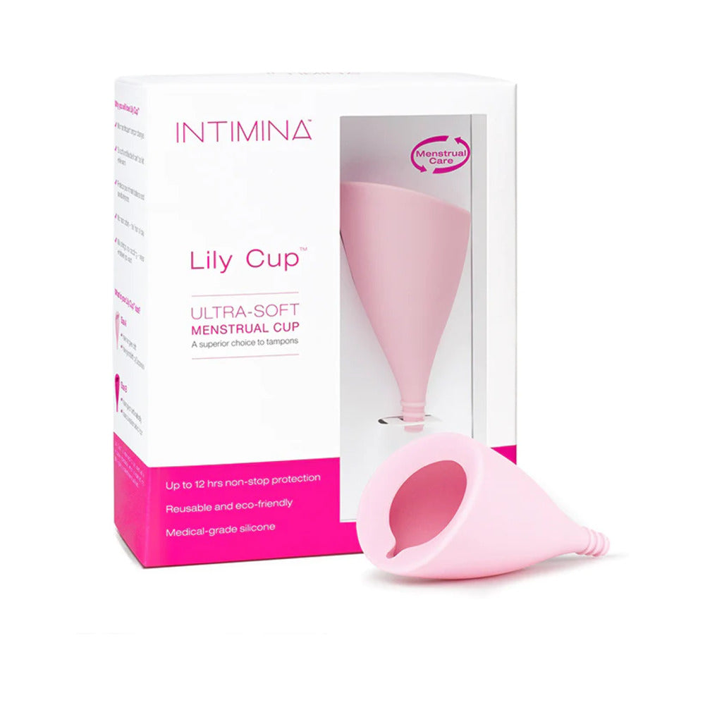 INTIMINA Lily Cup Ultra-Soft Menstrual Cup Size A Light pink INTIMINA Lily Cup Size A with long stem beside retail box