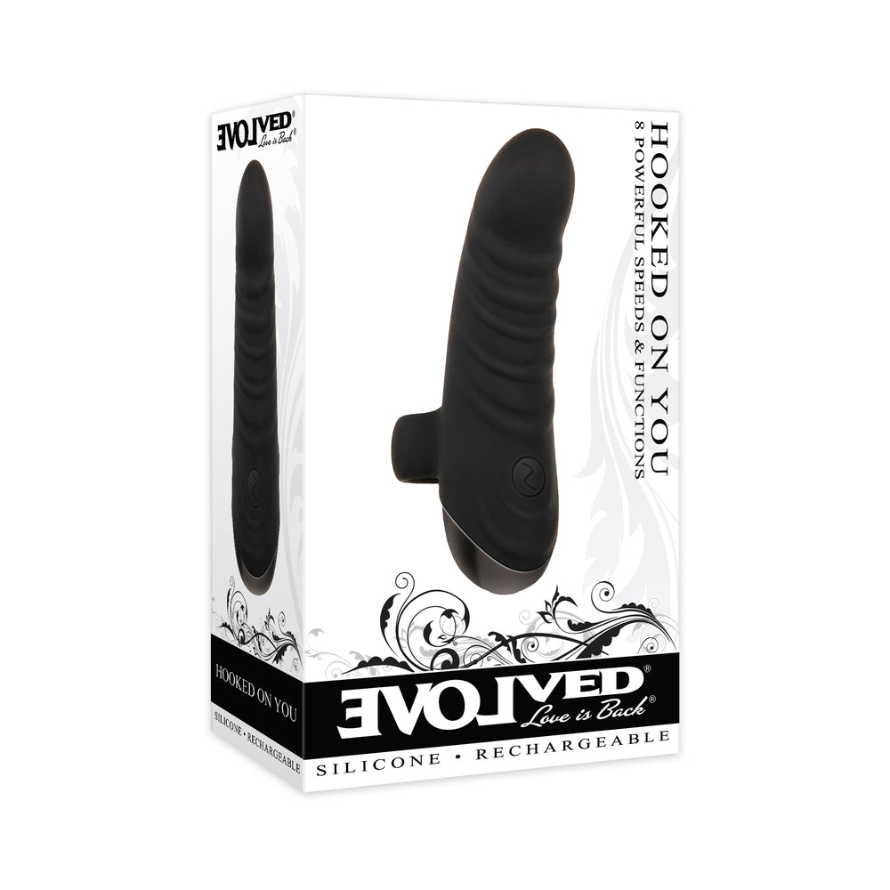 Evolved Hooked On You Rechargeable Silicone Finger Vibrator Black Black Evolved Hooked On You finger vibrator beside white box