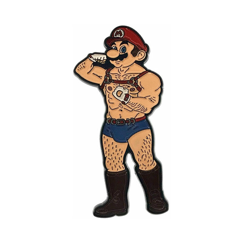Geeky & Kinky Mo Enamel Pin Mo enamel pin with red cap, black mustache, rope details and blue briefs
