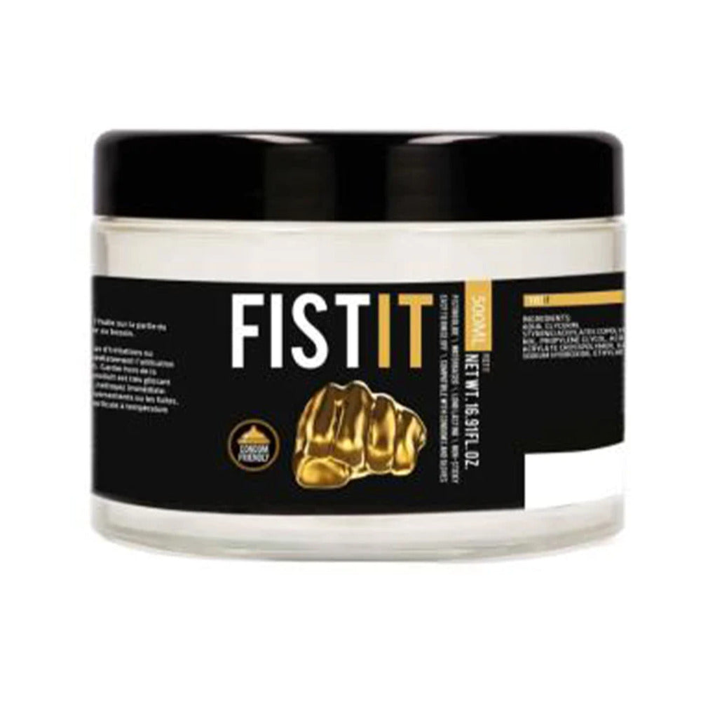 Fist It Water-Based Lubricant 500ml / 17 oz. Clear 500 ml Fist It lubricant tub with black lid and label