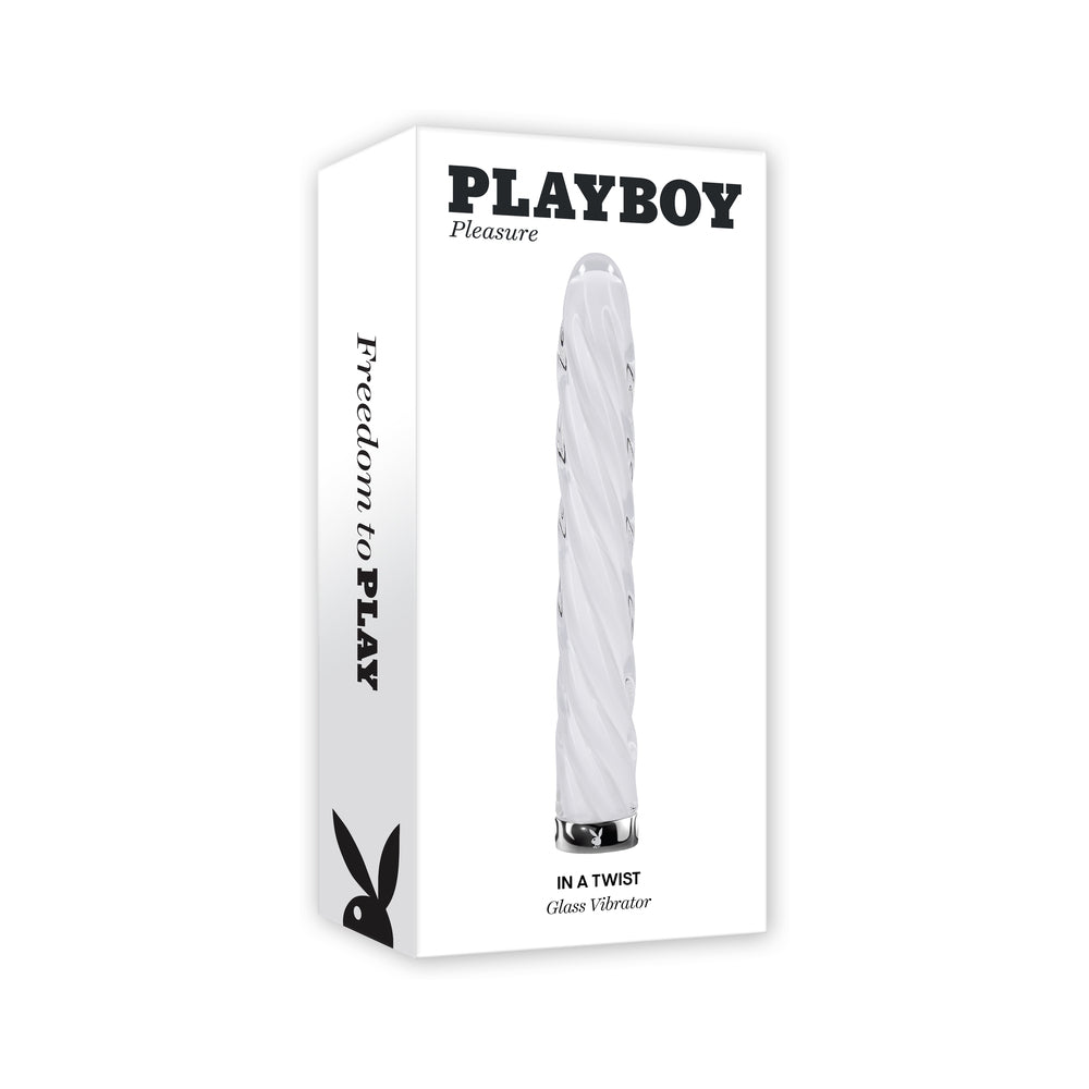 Playboy In A Twist Rechargeable Glass Vibrator White Playboy In A Twist white spiral glass vibrator in tall white retail box