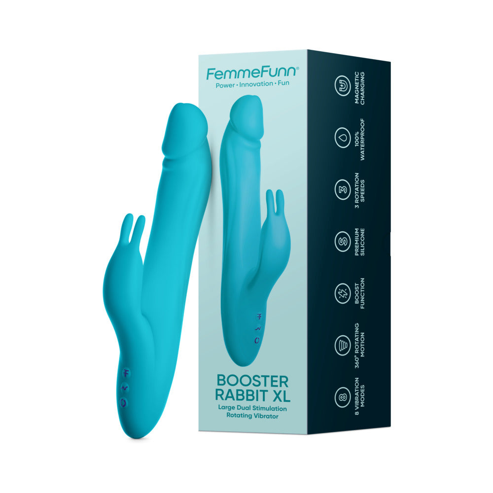 FemmeFunn Booster Rabbit XL Turquoise Turquoise FemmeFunn Booster Rabbit XL beside its teal retail box