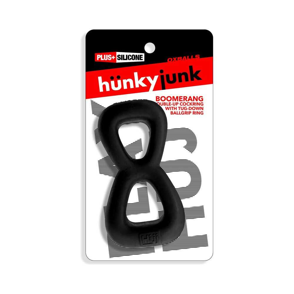 Hunkyjunk Boomerang Double-Ring Cockring & Nut-Tugger Black Fog Oxballs Hunkyjunk Boomerang Black Fog double ring retail package labeled Double Cockring, Bullballs and Ballgrip Ring