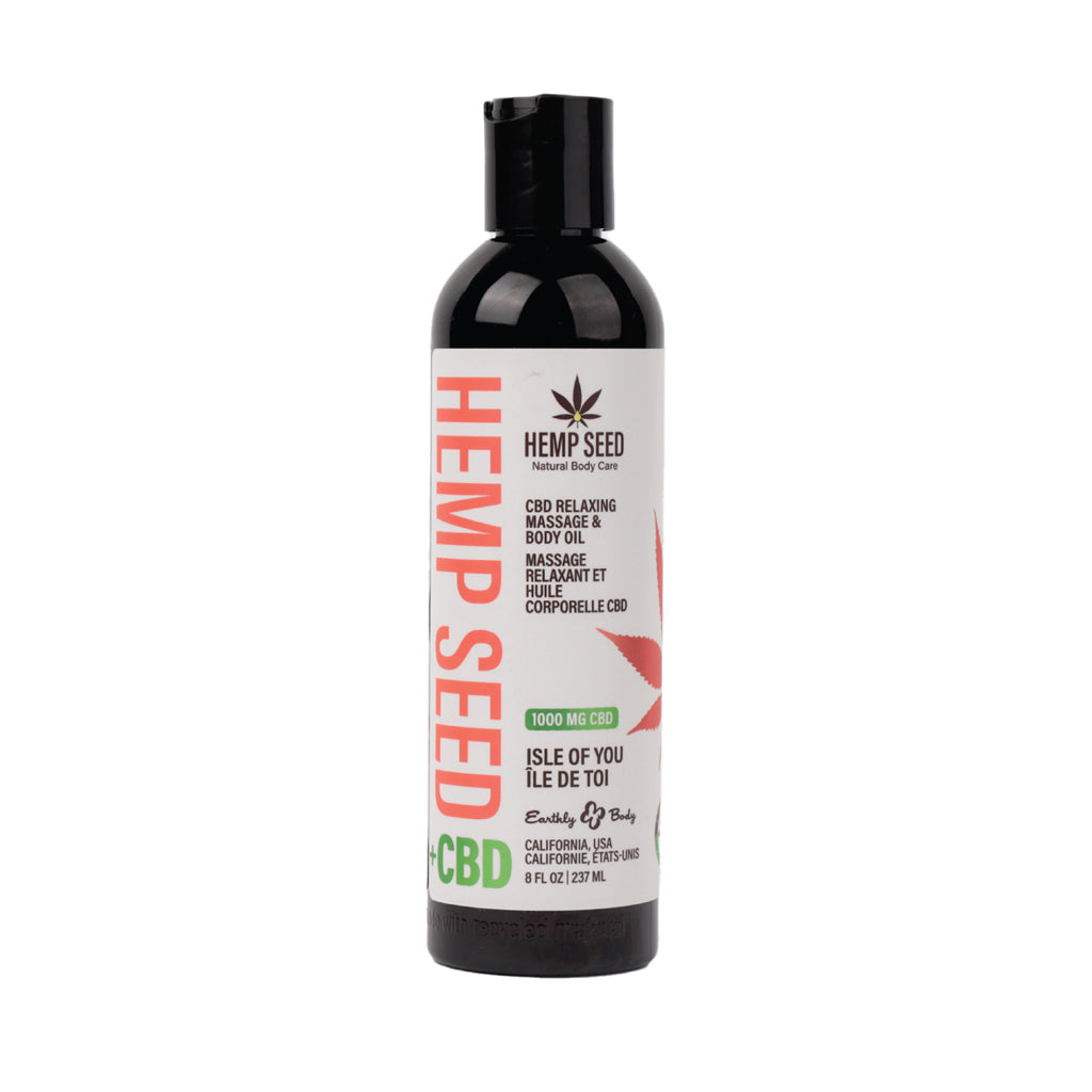 Earthly Body Hemp Seed CBD Relaxing Massage and Body Oil Isle of You 8 oz. Front of 8 oz Earthly Body Hemp Seed CBD Isle of You oil bottle