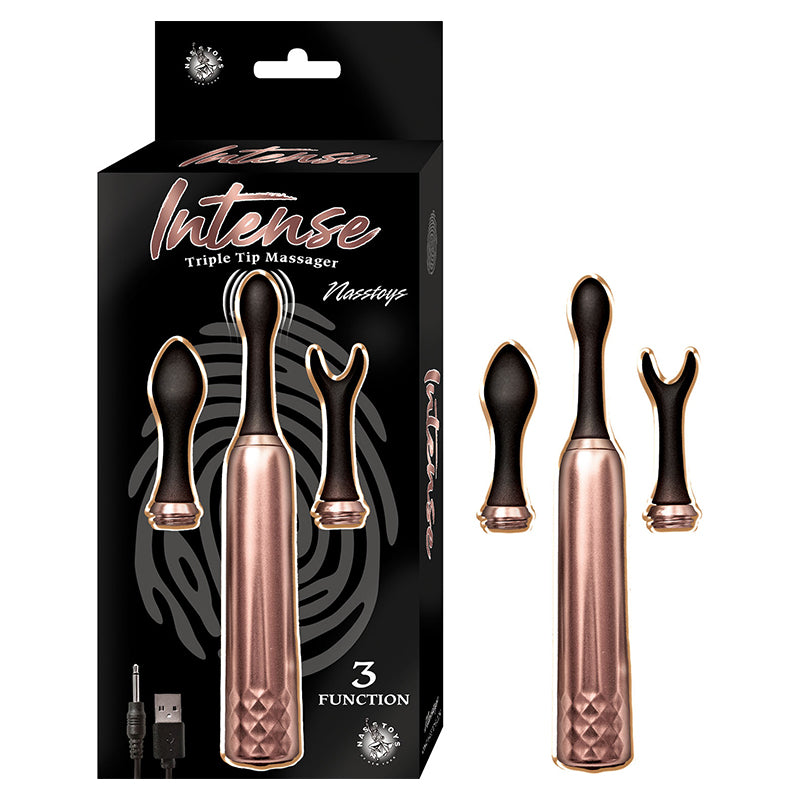 Intense Triple Tip Massager - Rose Gold Rose gold Intense massager with three black tips beside retail box and cable