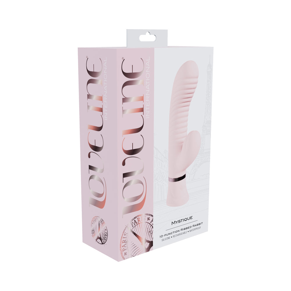 Loveline Mystique Rechargeable Silicone Ribbed Rabbit Vibrator Pink Pink Loveline Mystique ribbed rabbit vibrator in pale pink box